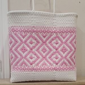 Pink and White Woven Tote Bag